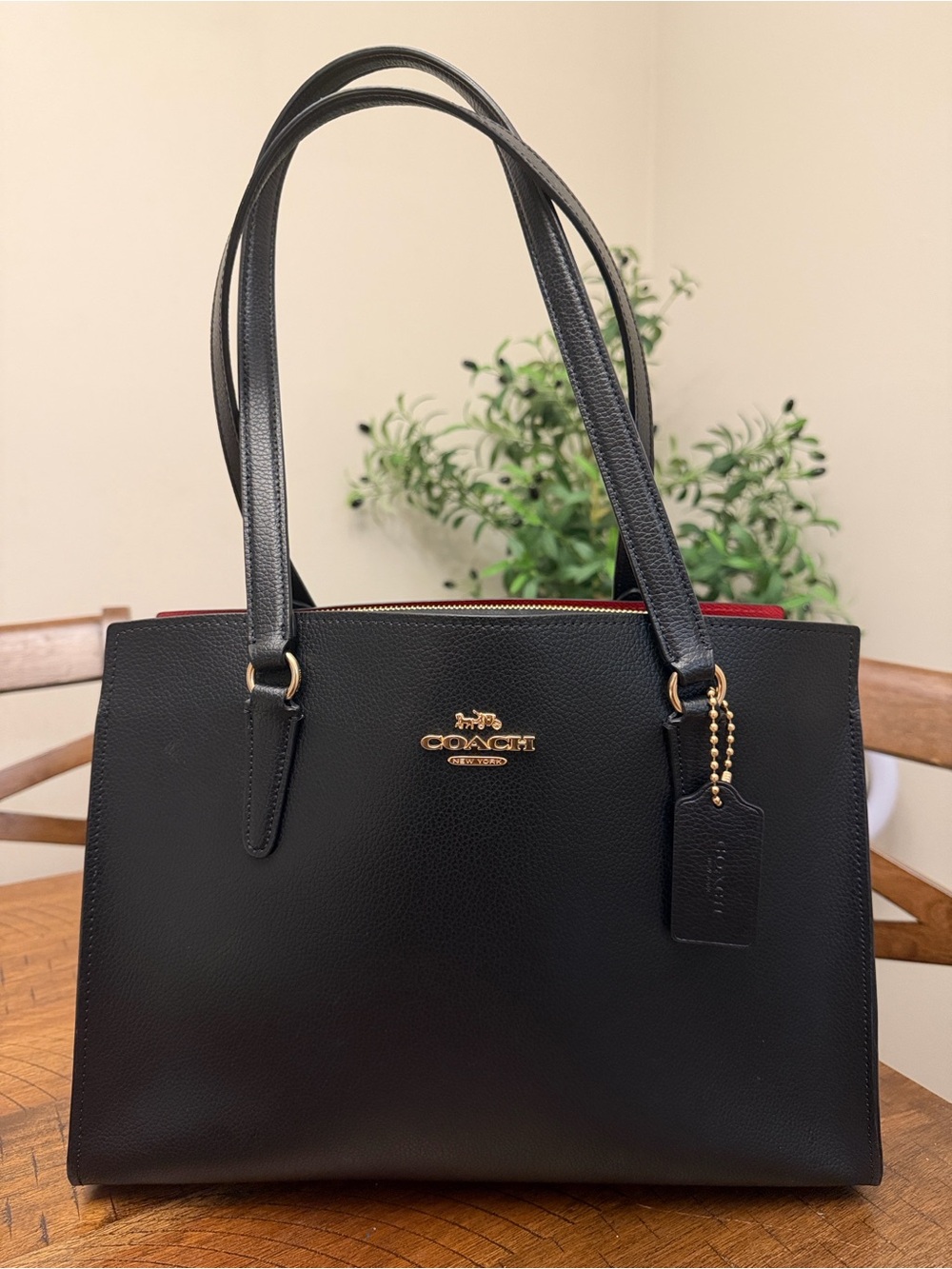 Coach Black Leather Shoulder Tote with Gold Hardware and Red Interior